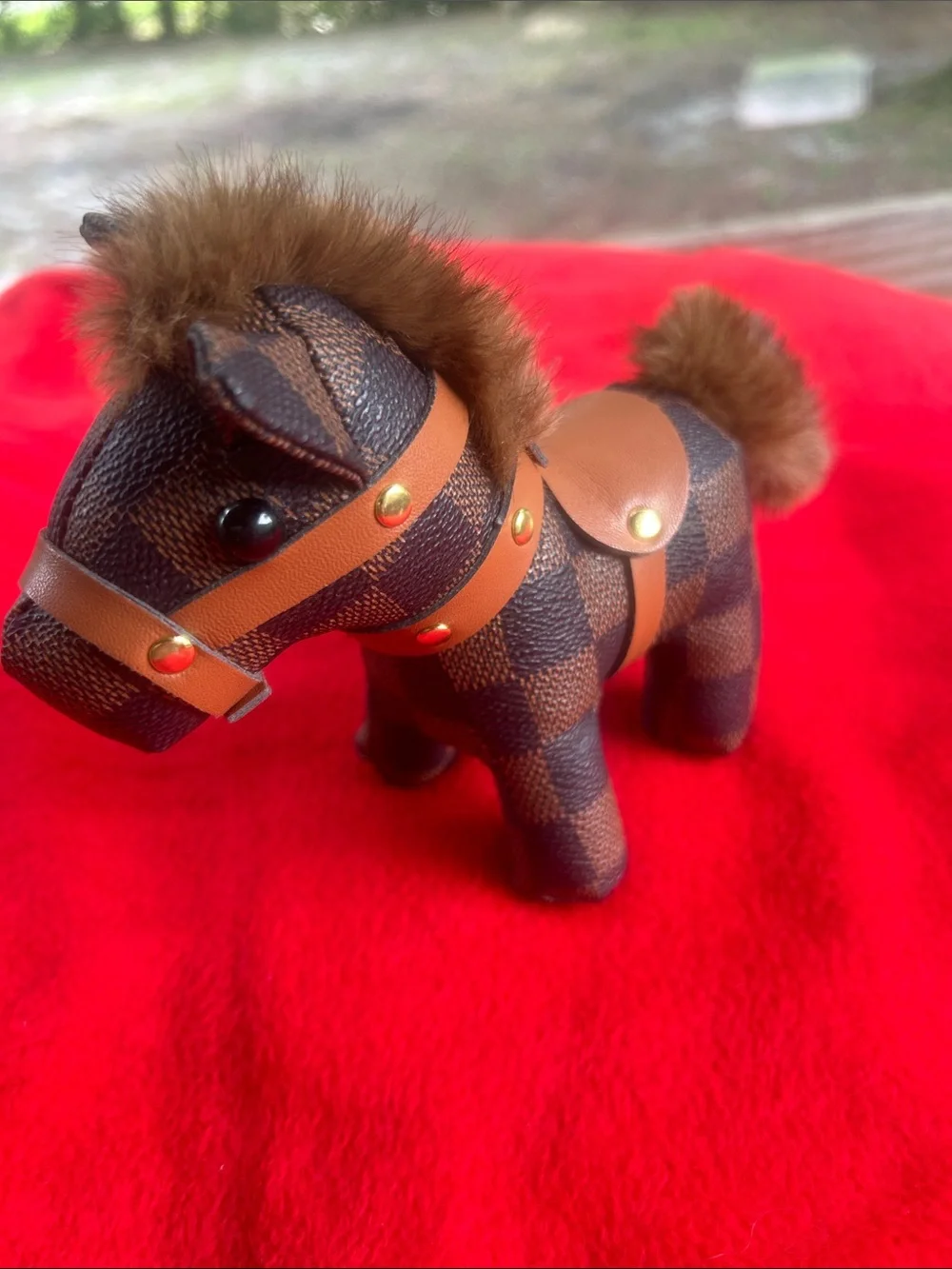 Designer-Inspired purse charm. Brown Check Plush Pony with Tan Accents